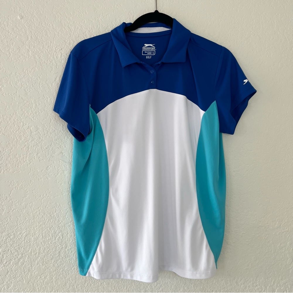 Slazenger Golf Shirt Women's Size Medium Blue White Short Short Sleeve Polo Top
